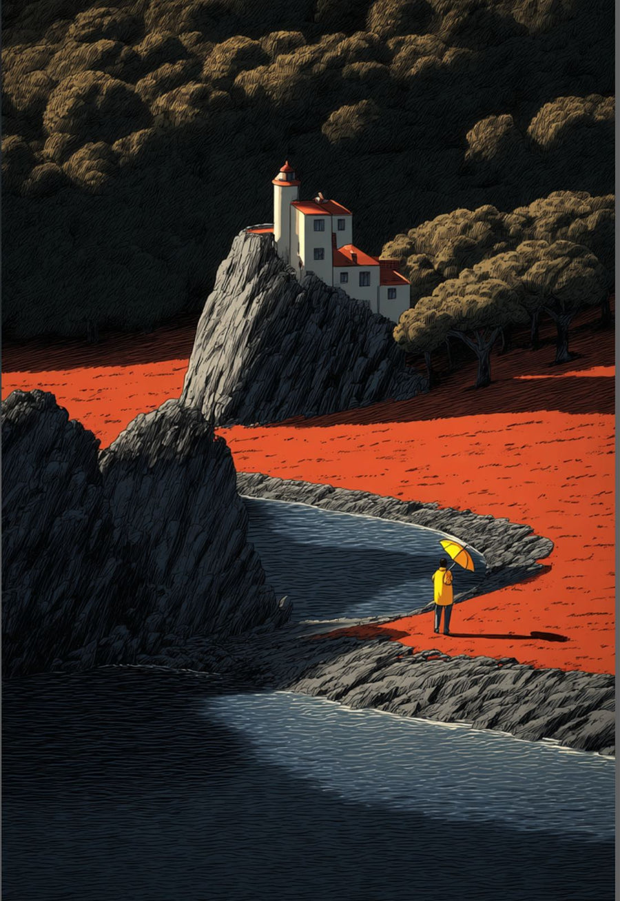 Lighthouse on a rocky island with a person holding an umbrella, surrounded by red water and dark trees.