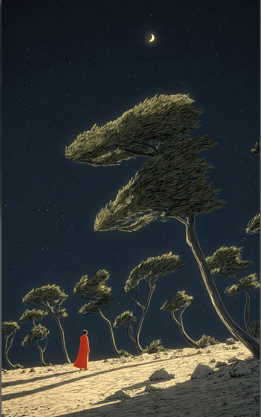 Person in a red dress walking among twisted trees under a starry night sky.